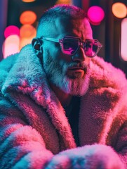 Urban Fashion Portrait: A stylish man in a fluffy coat with vibrant neon lights, perfect for fashion marketing or editorial use.