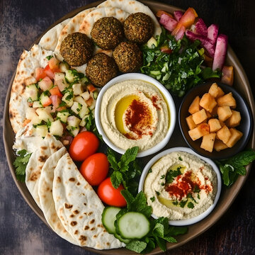 A plate of food with a variety of dishes including hummus, vegetables