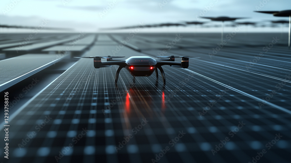 Poster an autonomous drone glides over rows of reflective solar panels, scanning for maintenance needs and 