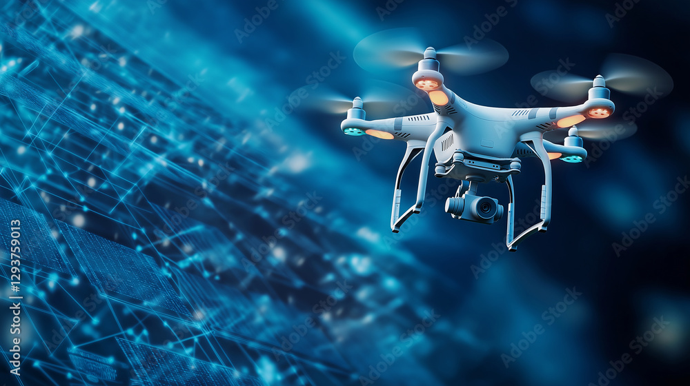 Poster a remote-controlled drone flies over a high-tech solar array, showcasing eco-friendly infrastructure