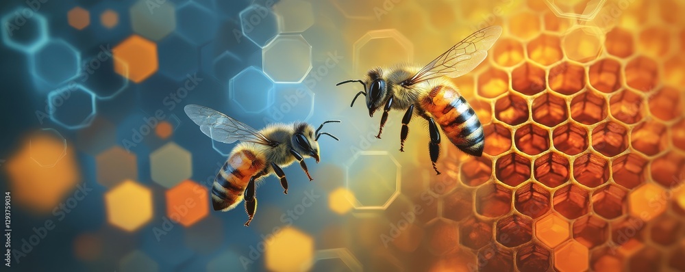 Poster two honeybees in flight approaching honeycomb hexagons abstract background