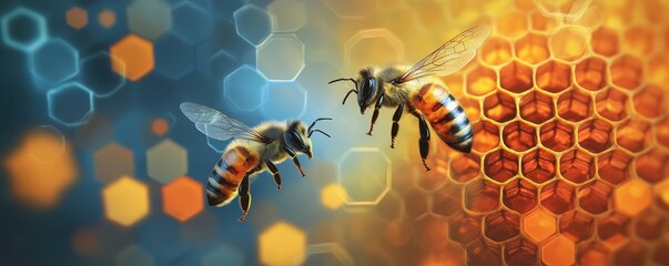 Two Honeybees Flight Approaching Honeycomb
