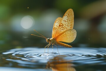 Obraz premium A delicate mayfly gently touches down on the water's surface, creating subtle ripples.