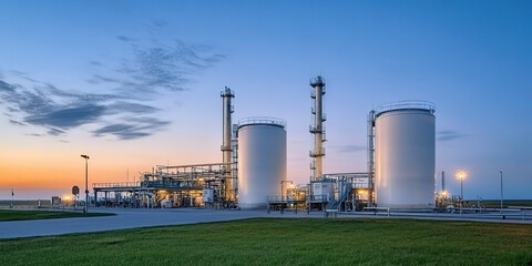 Fototapeta premium Natural gas relay stations and energy transmission pipelines at dusk