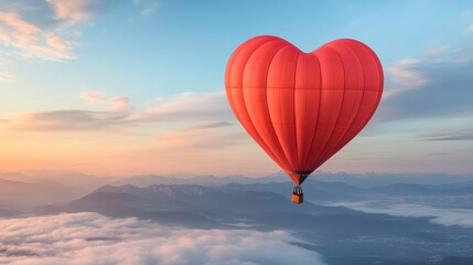 Fototapeta premium Red Heart Shaped Hot Air Balloon Over Misty Mountain Sunrise