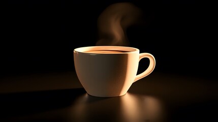 Steaming cup of coffee displays realistic steam and aroma in natural brown and white tones, seen close-up from the front in a comforting cafe setting, energizing and detailed.