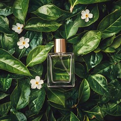 perfume bottle with leaves and flowers background