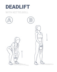 Kettlebell Deadlift Exercise Step-by-Step Guide – Black and White Illustration