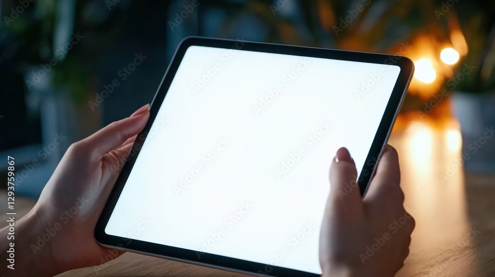 Poster engaging tablet usage in cozy indoor setting lifestyle digital content creation warm environment clo