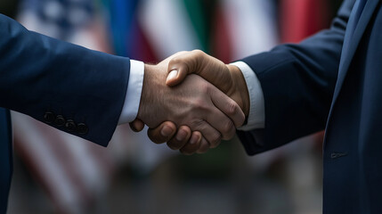 A firm handshake between two government officials, with international flags in the background, representing global governance.