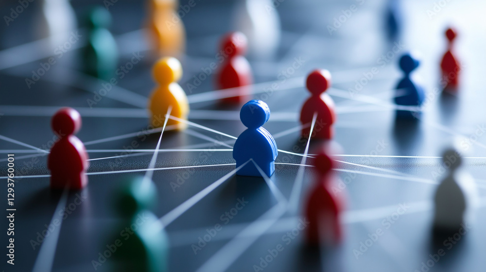 Poster a visually striking organizational chart with colorful human-shaped figures connected by lines, illu