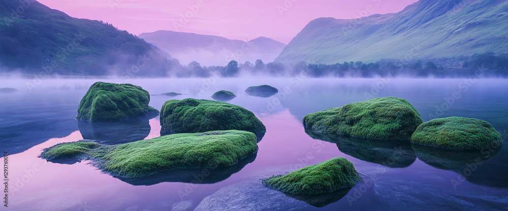 Poster moss-covered rocks in a misty lake with mountains in the background, creating a serene, peaceful atm