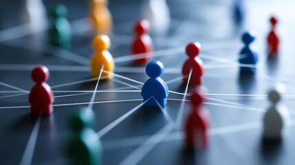 A visually striking organizational chart with colorful human-shaped figures connected by lines, illustrating company hierarchy and workflow.