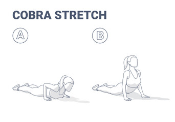 Cobra Stretch Bhujangasana Step-by-Step Exercise Guide Black and White Illustration