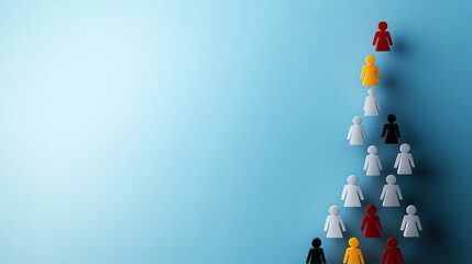 A structured organizational pyramid with leadership at the top and various departments below, represented by colorful figures.