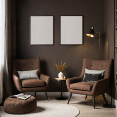 Modern cozy living room with stylish brown armchairs, elegant decor, and minimalist wall art. Mockup on the wall.