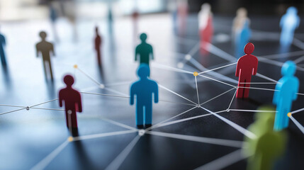 A dynamic corporate structure diagram, showing managers, employees, and departments as colorful human figures linked by workflow lines.