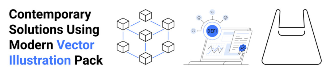 Blockchain network structure with cubes, laptop analyzing SEO metrics, eco-friendly shopping bag outline. Ideal for tech innovation, e-commerce, sustainability, analytics, branding, digital