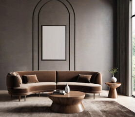 Modern cozy living room with stylish brown sofa, elegant decor, and minimalist wall art. Mockup on the wall.
