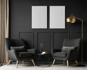 Modern cozy living room with stylish black armchairs, elegant decor, and minimalist wall art. Mockup on the wall.