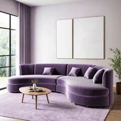 Modern cozy living room with stylish violet sofa, elegant decor, and minimalist wall art. Mockup on the wall.