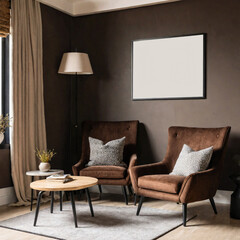 Modern cozy living room with stylish brown armchairs, elegant decor, and minimalist wall art. Mockup on the wall.