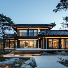 A Modern Traditional Style House with a Dark Roof