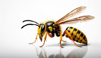Vivid Closeup of a Solitary Wasp against Pristine White Backdrop, Showcasing Intricate Detail and Stark Contrast in Black and Yellow, Caught MidFlight amidst a Moment of Suspense and Elegance.