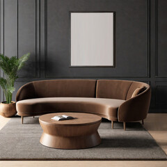 Modern cozy living room with stylish brown sofa, elegant decor, and minimalist wall art. Mockup on the wall.