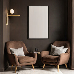 Modern cozy living room with stylish brown armchairs, elegant decor, and minimalist wall art. Mockup on the wall.