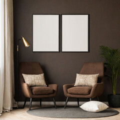 Modern cozy living room with stylish brown armchairs, elegant decor, and minimalist wall art. Mockup on the wall.