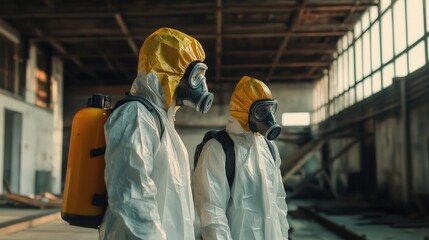 Fototapeta premium Thick gloves and respirators shield the inspectors as they navigate the crumbling structure, their cautious steps echoing through the eerie silence.