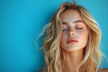 Fototapeta premium Close-up Profile of a Beautiful Woman's Face with Closed Eyes and Copy Space