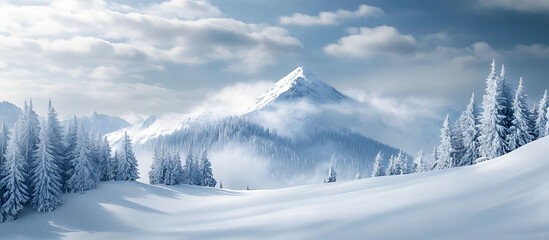 Snow and clouds cover the peak of a mountain in a harsh winter landscape with spruce trees on the slopes