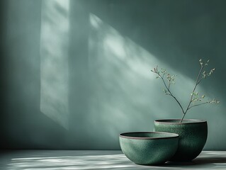 Elegant Minimal Still Life: Rounded Tactile Items in Green with Dutch Lighting