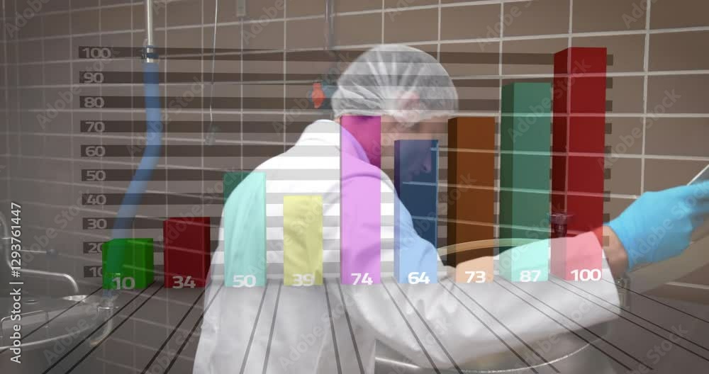Poster in lab, scientist analyzing colorful bar graph animation on computer screen