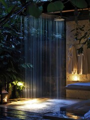 An outdoor shower featuring water cascading over the showerhead
