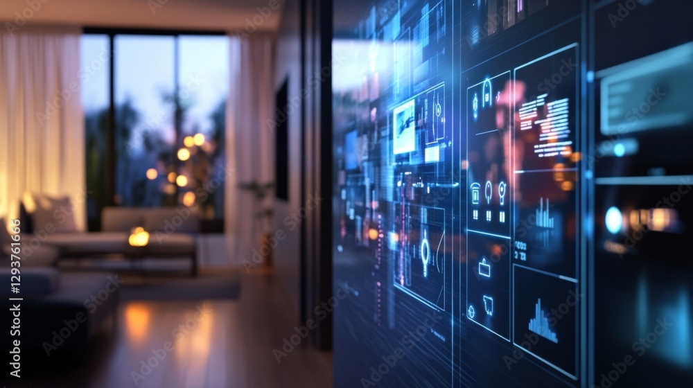 Poster futuristic transparent display showing data from smart home appliances, controlling temperature, lig