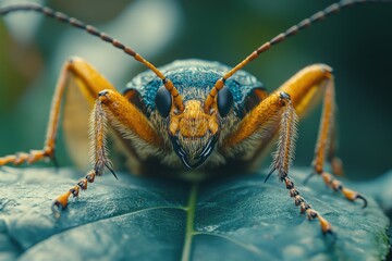 Fototapeta premium Close-up of a vibrant insect with striking orange and blue-green hues perched on a leaf.