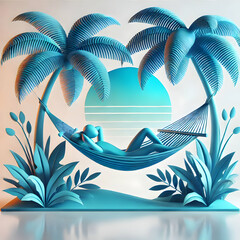 Vibrant 3D minimalist depiction of a person reclining in a hammock, resting under a tropical vibe, creating a peaceful moment on a sleek white background.