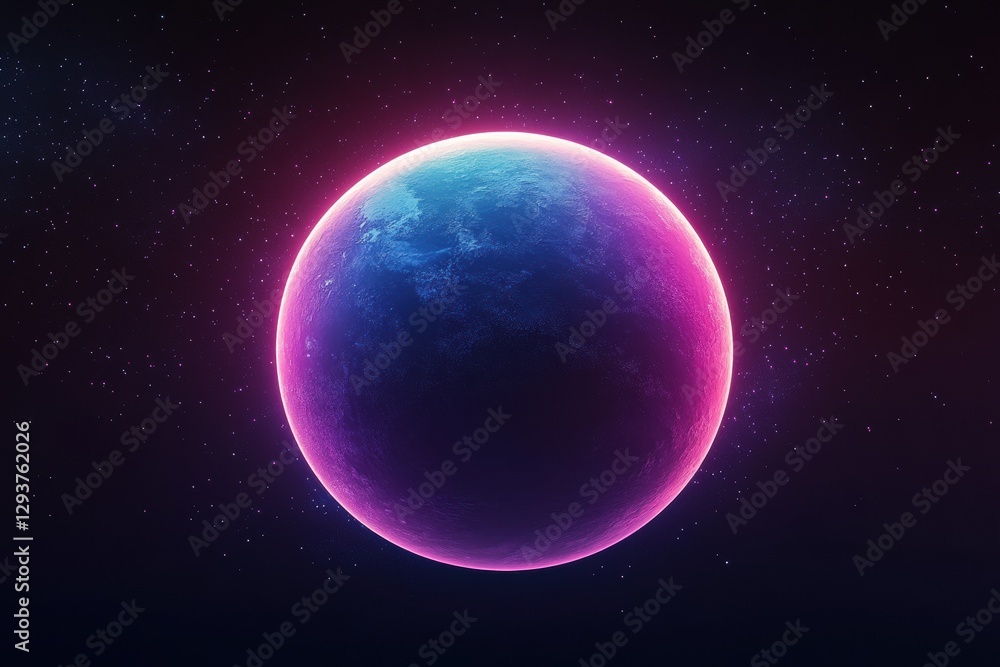 Poster planet earth glowing in space with purple and blue gradient color scheme