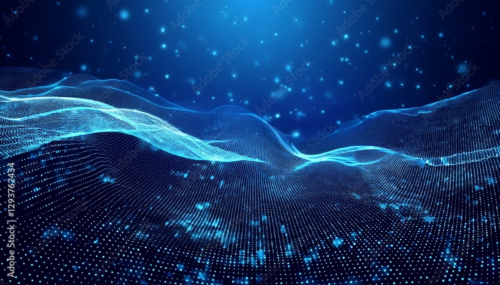 Poster blue digital particles wave flow, digital cyberspace abstract background. generated image