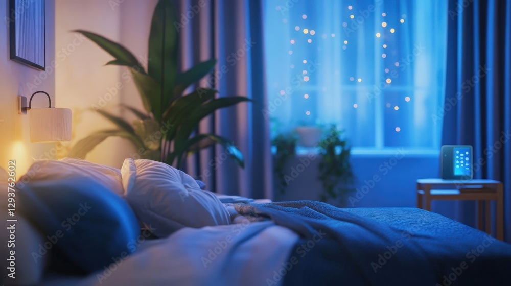 Poster cozy bedroom illuminated by warm lights from a wall lamp and smart home device, creating a relaxing 