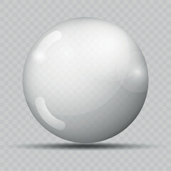 Transparency gray ball or precious pearl. Water bubble. Glass realistic ball, 3D abstract vector illustration highlighted on a transparent background. Big Crystal bubble with shadow.