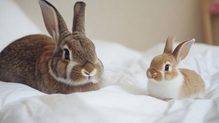 Obraz premium Rabbit and cute little bunny, isolated on a white background