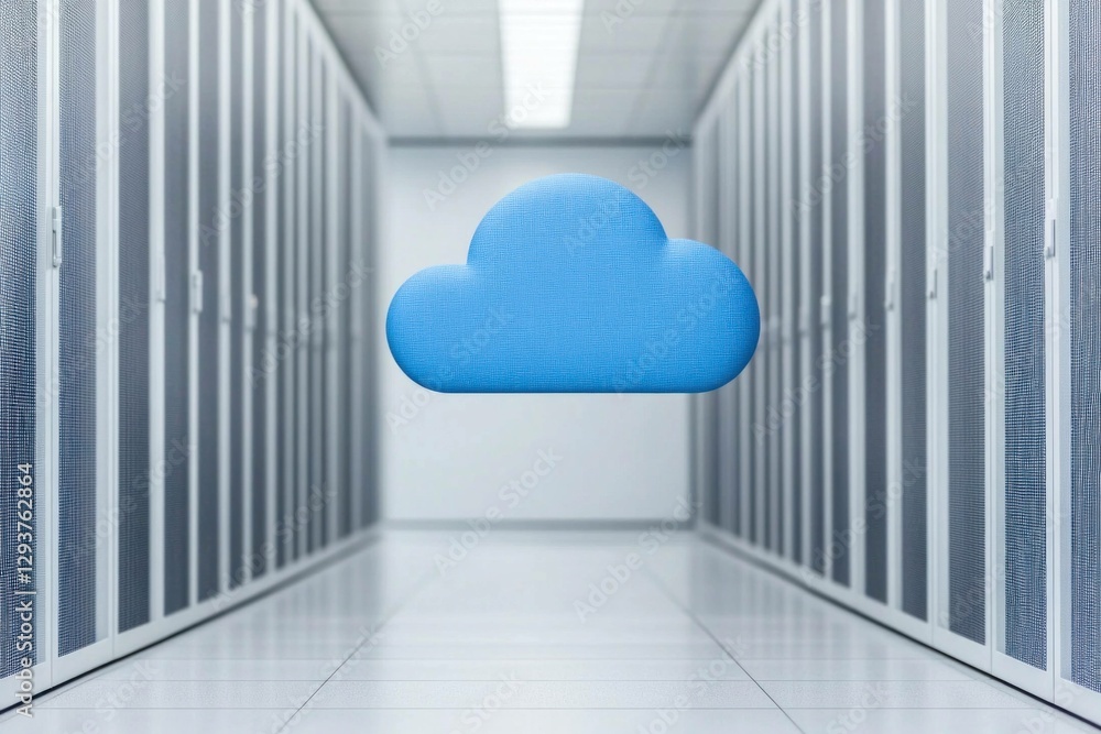 Poster blue cloud symbol representing cloud computing technology in a modern data center, showcasing digita