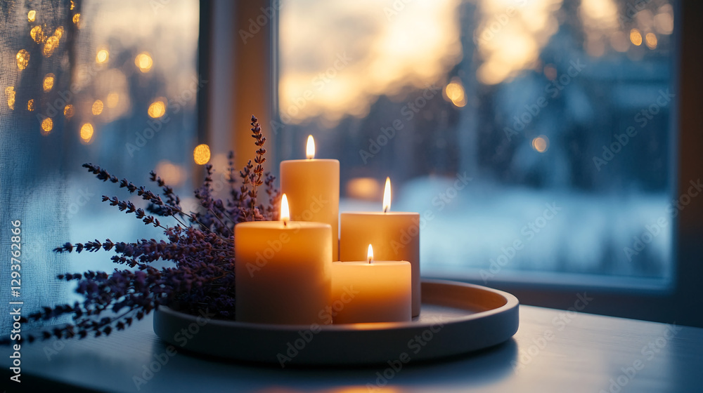 Poster a cozy winter scene featuring four lit candles and lavender on a tray, with a softly blurred snowy l