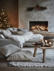 A festive living room showcases a winter holiday ambiance in comfort