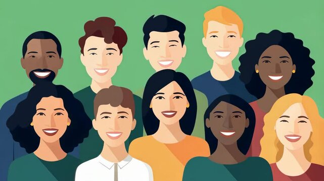 Cartoon image of a group of different nationalities people all together united as one. Social issues, togetherness