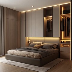 Luxurious modern bedroom with attached wardrobe design presents its interior